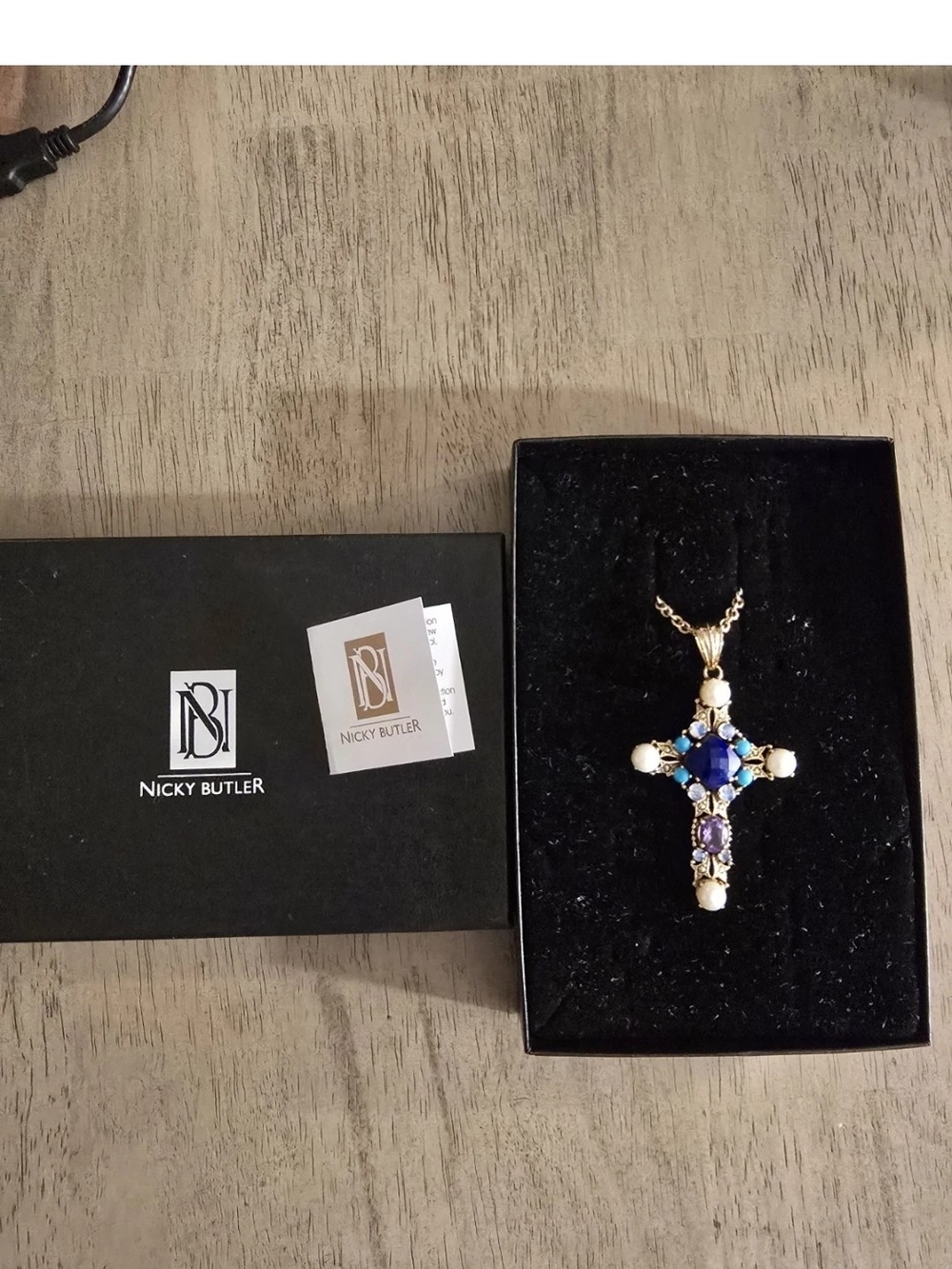 Vintage Nicky Butler Necklace Cross Lapis Lazuli Pearl Turquoise Bronze Gem